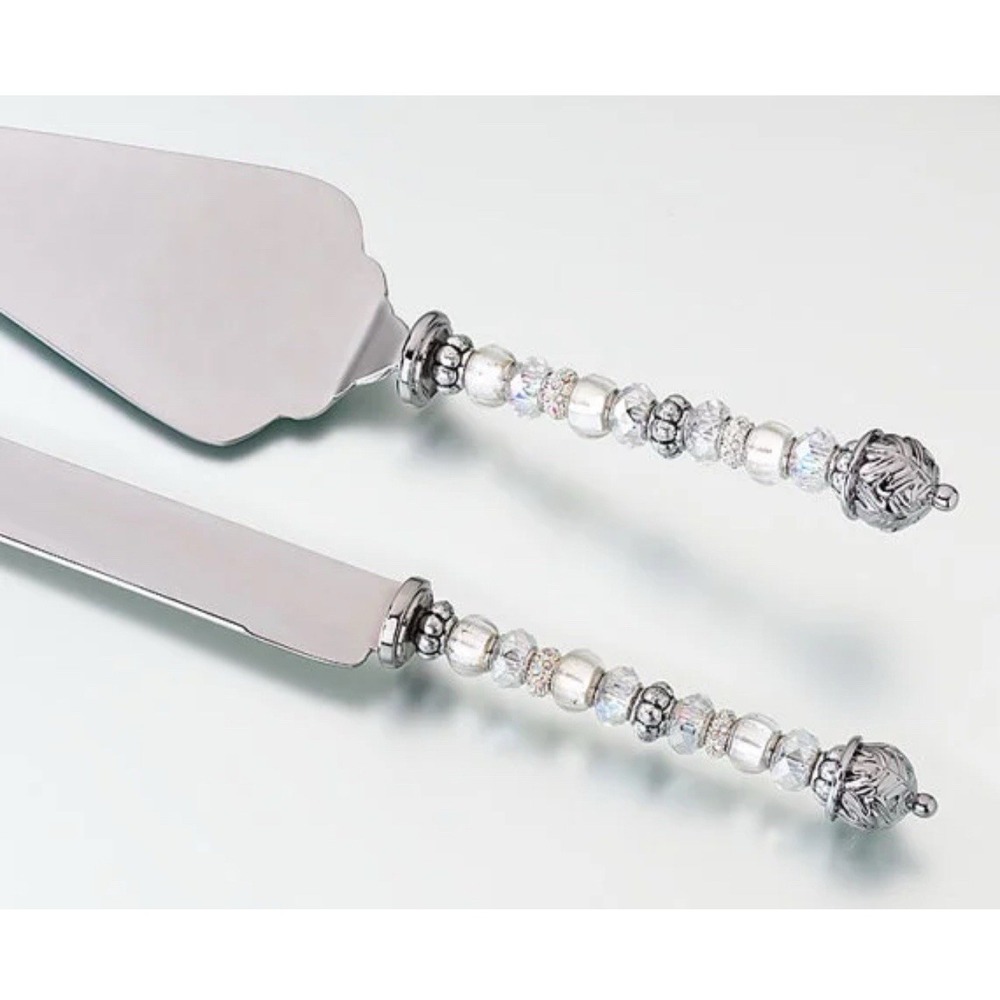 Lillian Rose Set Silver‎ Metal Cake Knife & Pie Server Glass Beads Wedding